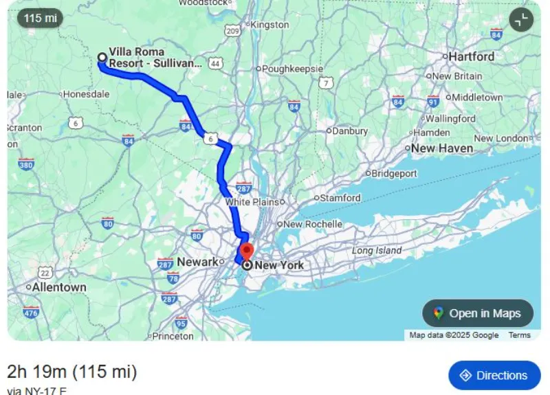 Map showing Villa Roma distance to New York City